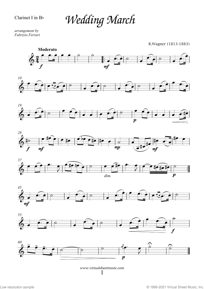 Wedding Sheet Music for two clarinets and bassoon, classical wedding score, intermediate skill level