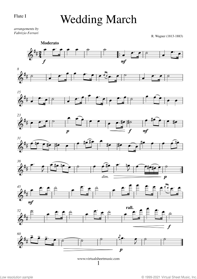 Wedding Sheet Music for two flutes, classical wedding score, intermediate duet