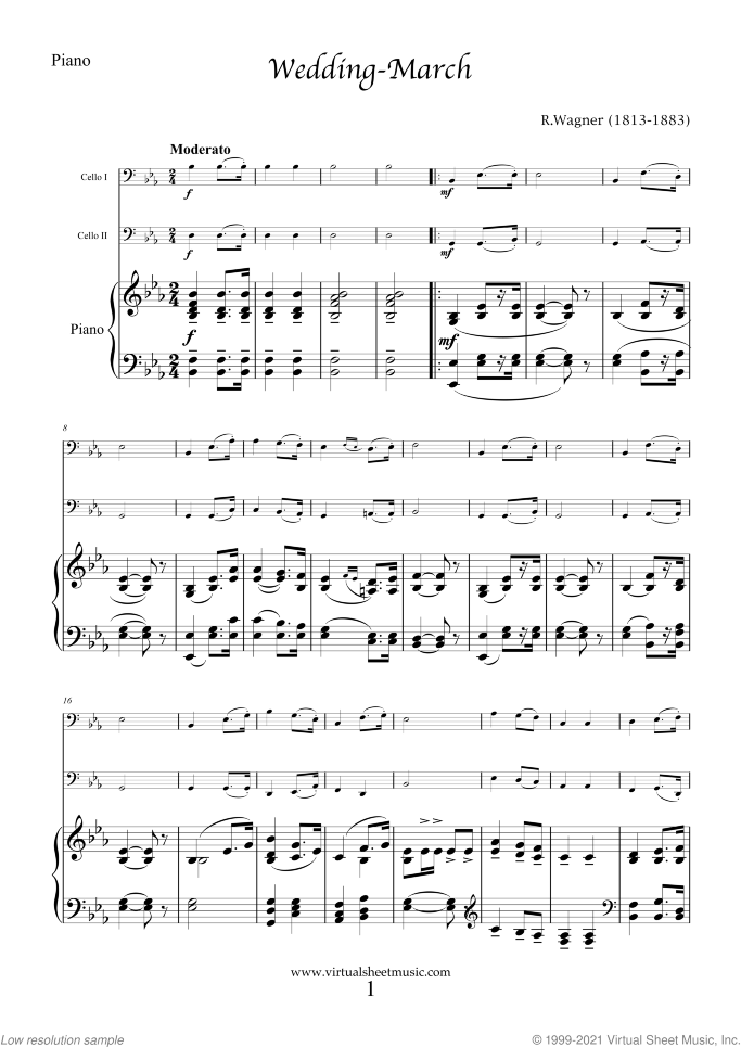 Wedding Sheet Music for two cellos and piano, classical wedding score, intermediate skill level