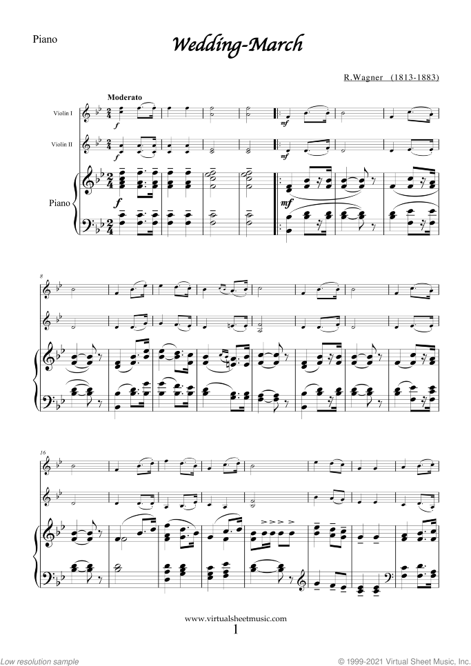 Wedding Sheet Music for two violins and piano, classical wedding score, intermediate skill level