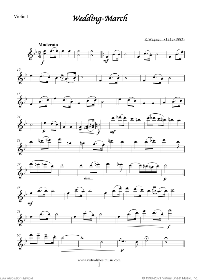 Wedding Sheet Music for two violins and cello, classical wedding score, intermediate skill level