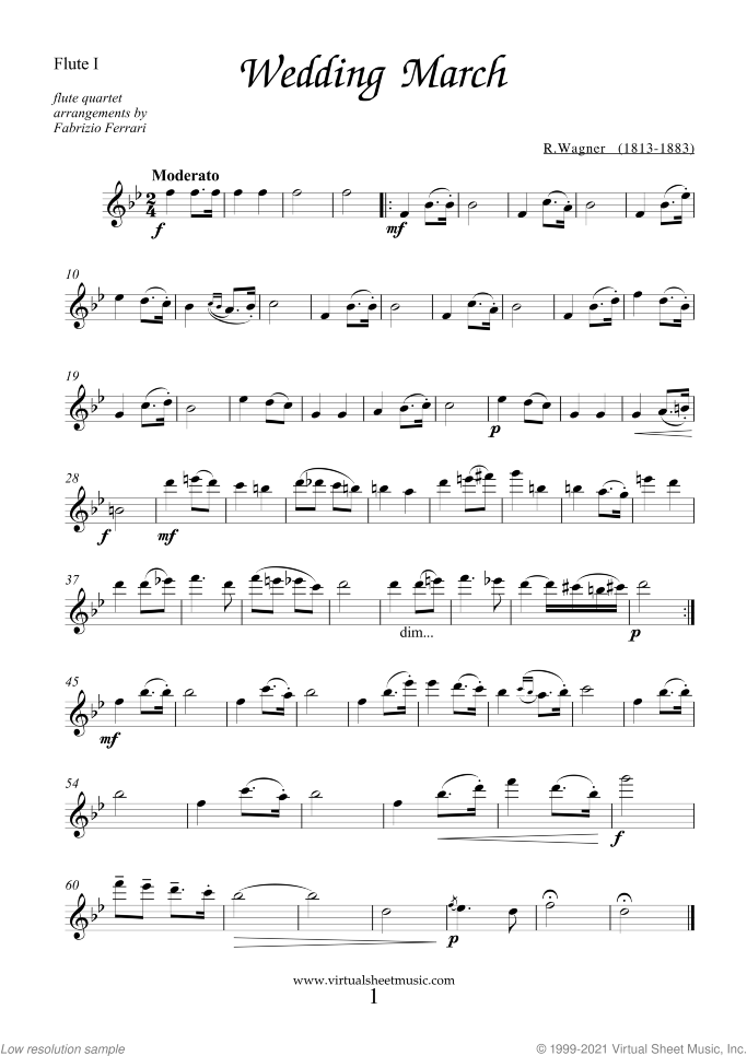 Wedding Sheet Music for flute quartet, classical wedding score, intermediate skill level
