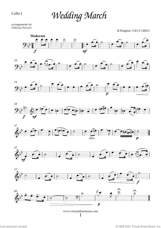 Wedding Sheet Music for four cellos, classical wedding score, intermediate/advanced skill level