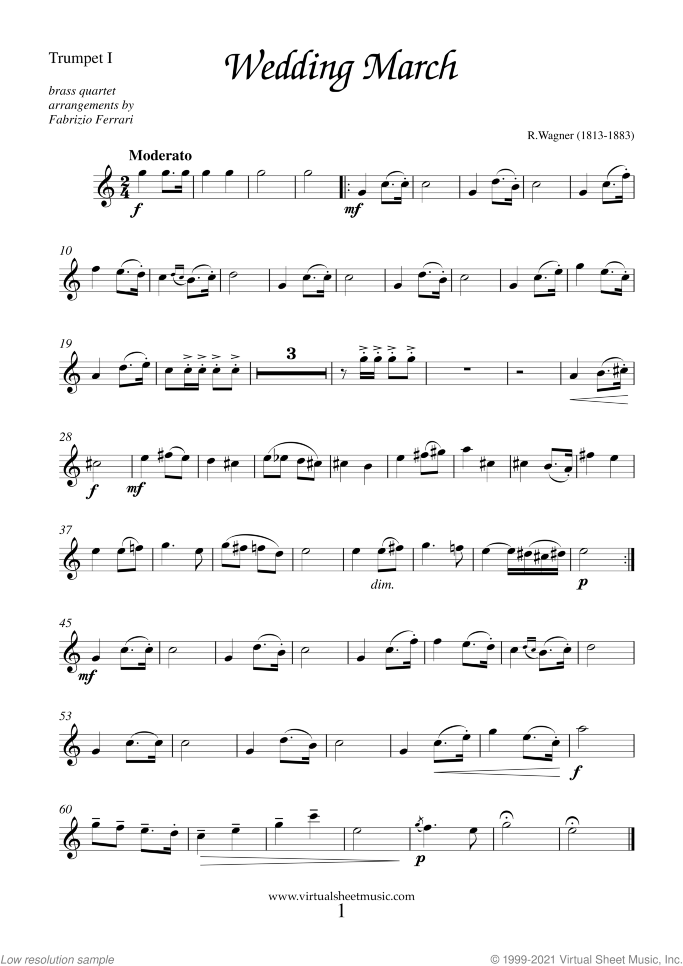 Wedding Sheet Music (New Edition) for brass quartet, classical wedding score, intermediate skill level
