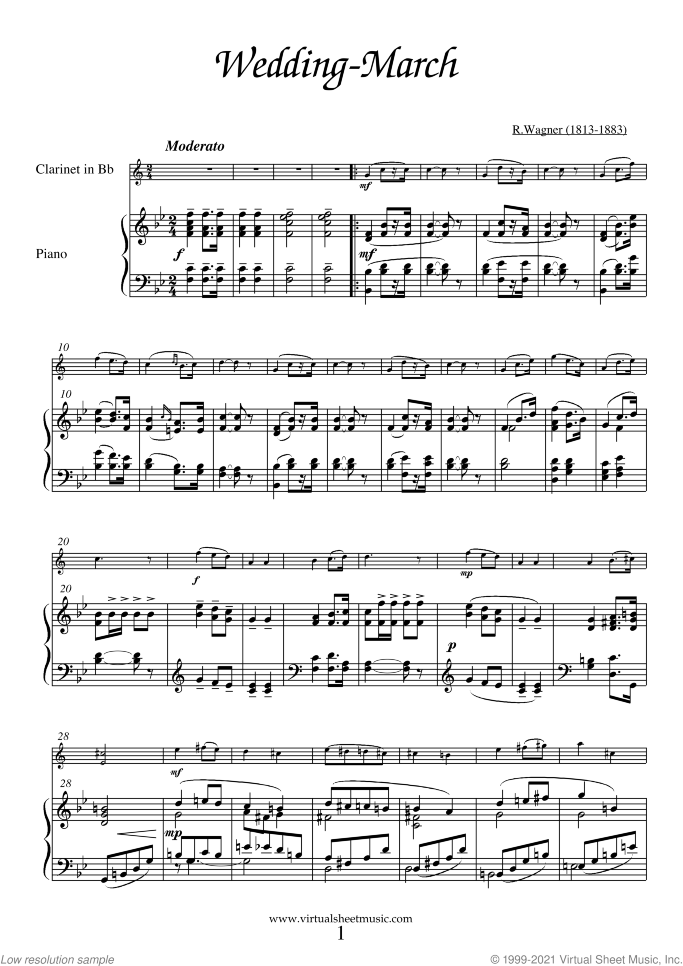 Wedding Sheet Music for clarinet and piano (organ), classical wedding score, intermediate skill level