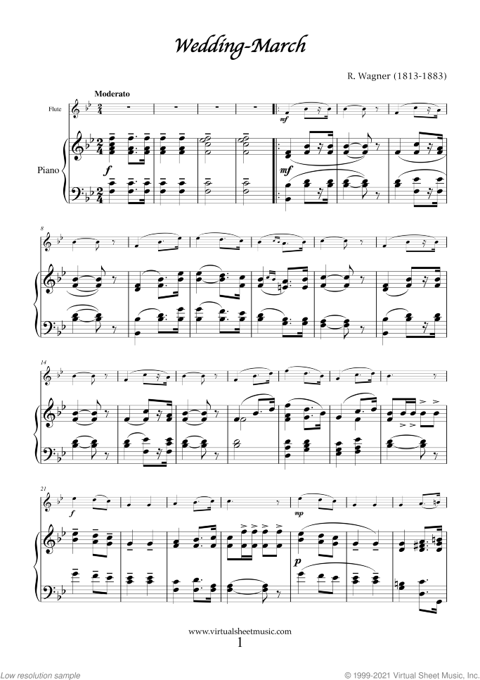 Wedding Sheet Music (New Edition) for flute and piano (organ), classical wedding score, intermediate skill level