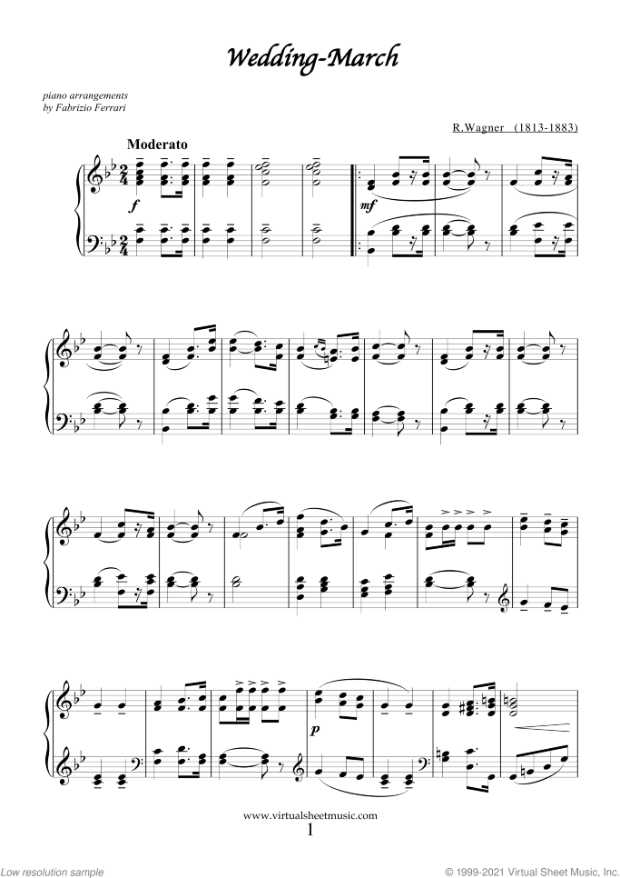 Wedding Sheet Music for piano solo, classical wedding score, intermediate skill level