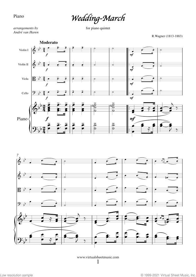 Wedding Sheet Music for piano quintet, classical wedding score, intermediate skill level