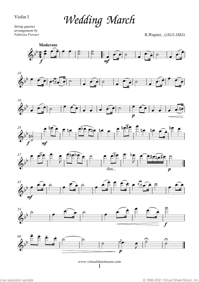 Wedding Sheet Music (parts) for string quartet, classical wedding score, intermediate skill level