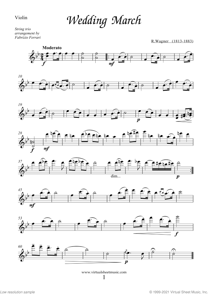 Wedding Sheet Music for string trio (violin, viola and cello), classical wedding score, intermediate skill level