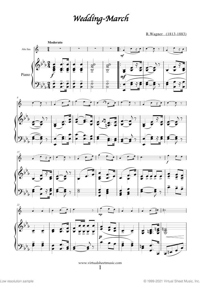 Wedding Sheet Music for alto saxophone and piano (organ), classical wedding score, intermediate skill level