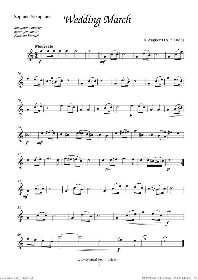 Wedding Sheet Music for saxophone quartet, classical wedding score, intermediate skill level