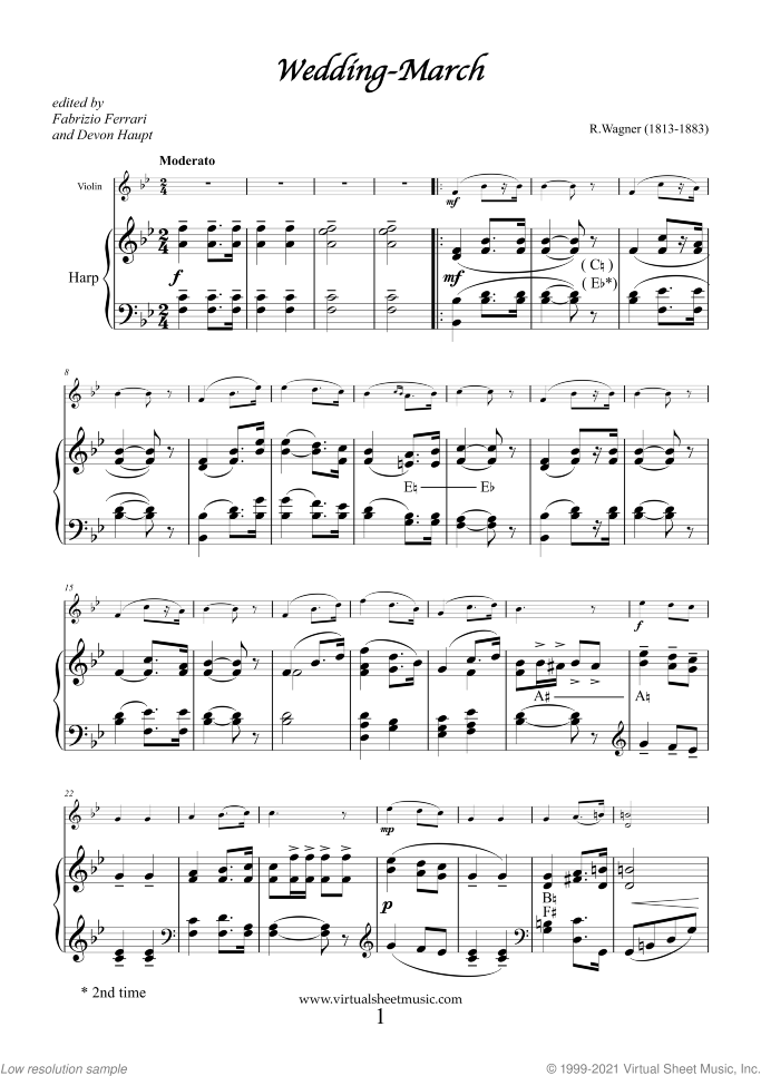 Wedding Sheet Music for violin and harp, classical wedding score, intermediate skill level