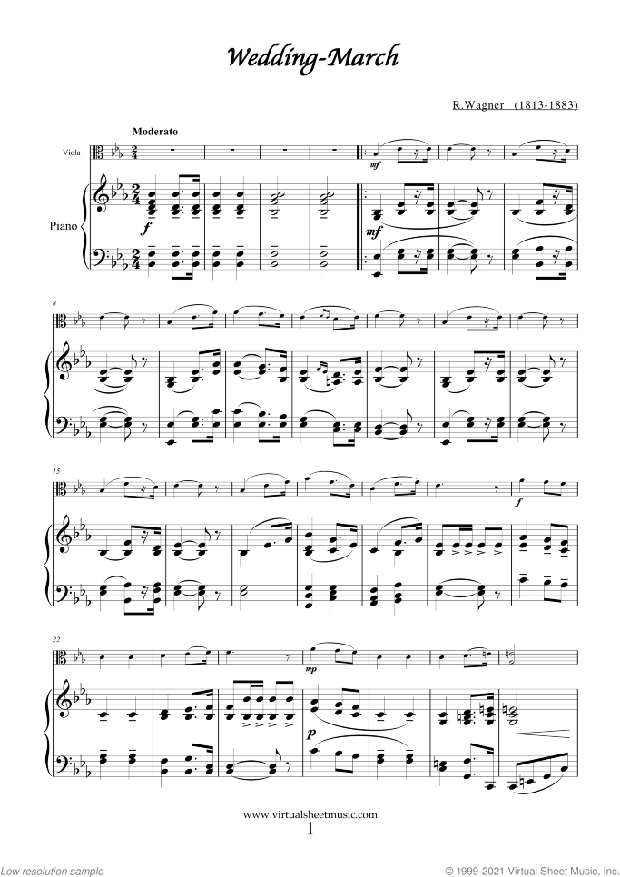 Wedding Sheet Music for viola and piano (organ), classical wedding score, intermediate skill level