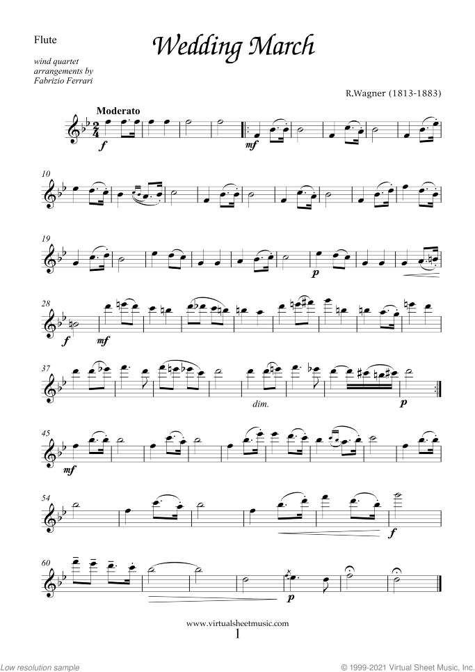 Wedding Sheet Music for wind quartet (2), classical wedding score, intermediate skill level