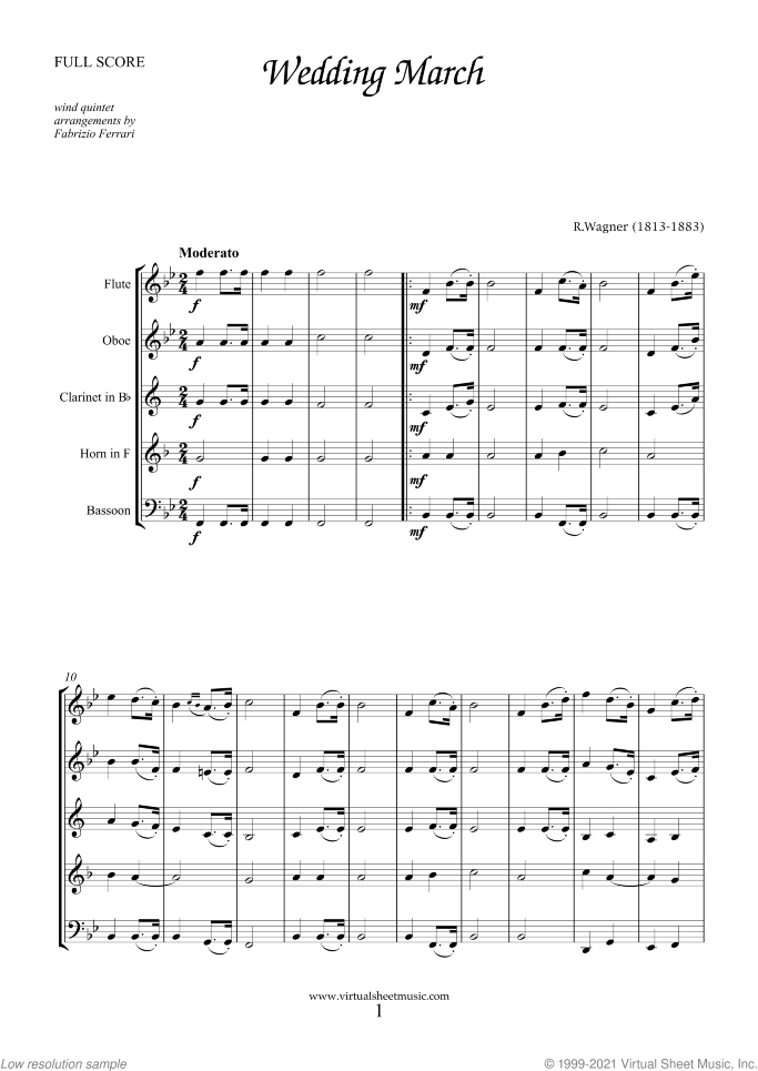Wedding Sheet Music (f.score) for wind quintet, classical wedding score, intermediate skill level