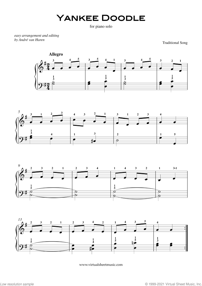 Yankee Doodle sheet music for piano solo, beginner skill level