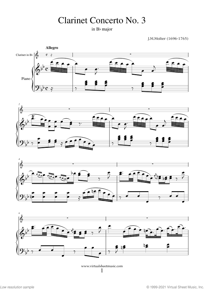 Concerto No.3 (New Edition) sheet music for clarinet and piano by Johann Melchior Molter, classical score, intermediate skill level