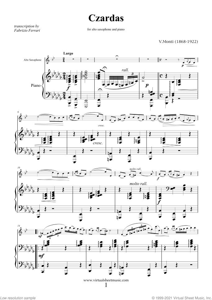Czardas sheet music for alto saxophone and piano by Vittorio Monti, classical score, intermediate/advanced skill level