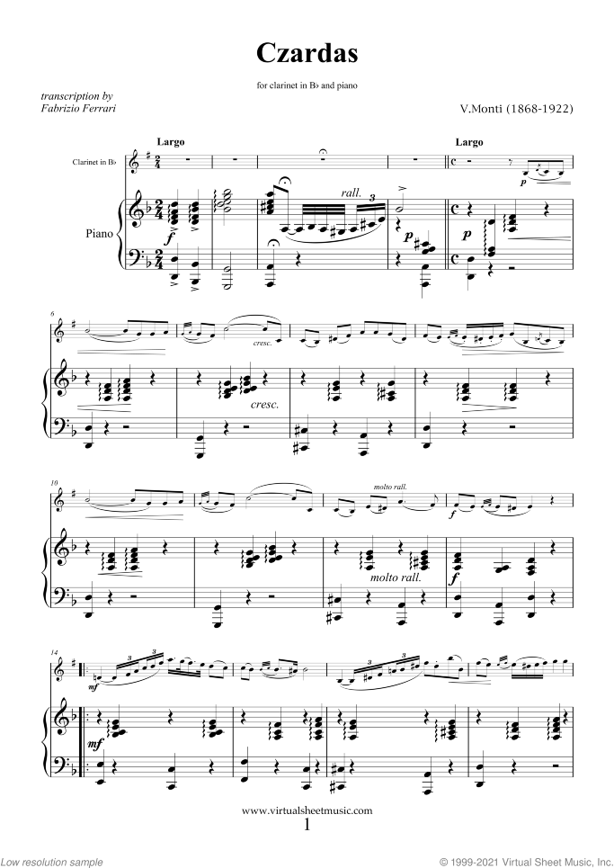 Czardas sheet music for clarinet and piano by Vittorio Monti, classical score, intermediate/advanced skill level