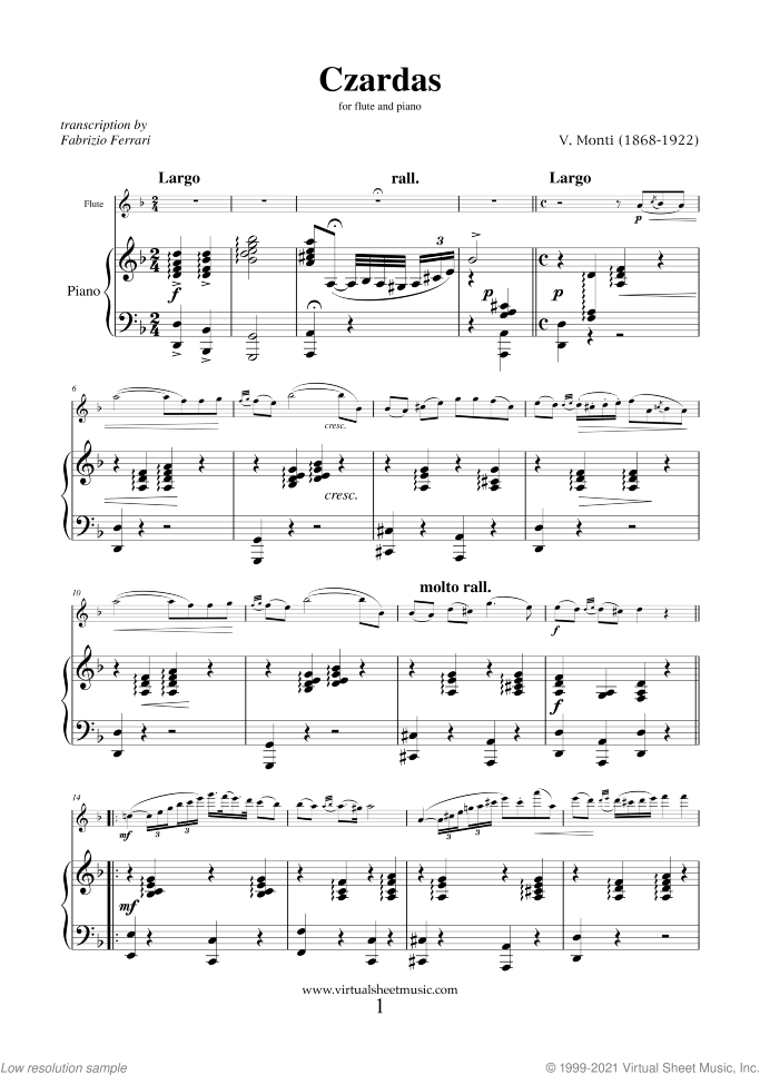 Czardas sheet music for flute and piano by Vittorio Monti, classical score, intermediate/advanced skill level