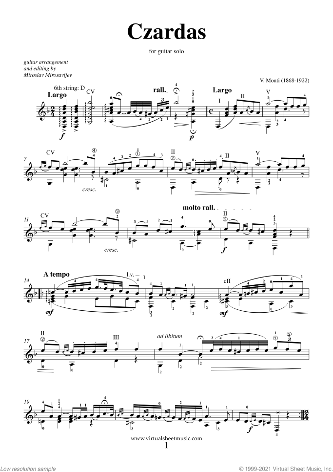 Czardas sheet music for guitar solo by Vittorio Monti, classical score, intermediate/advanced skill level