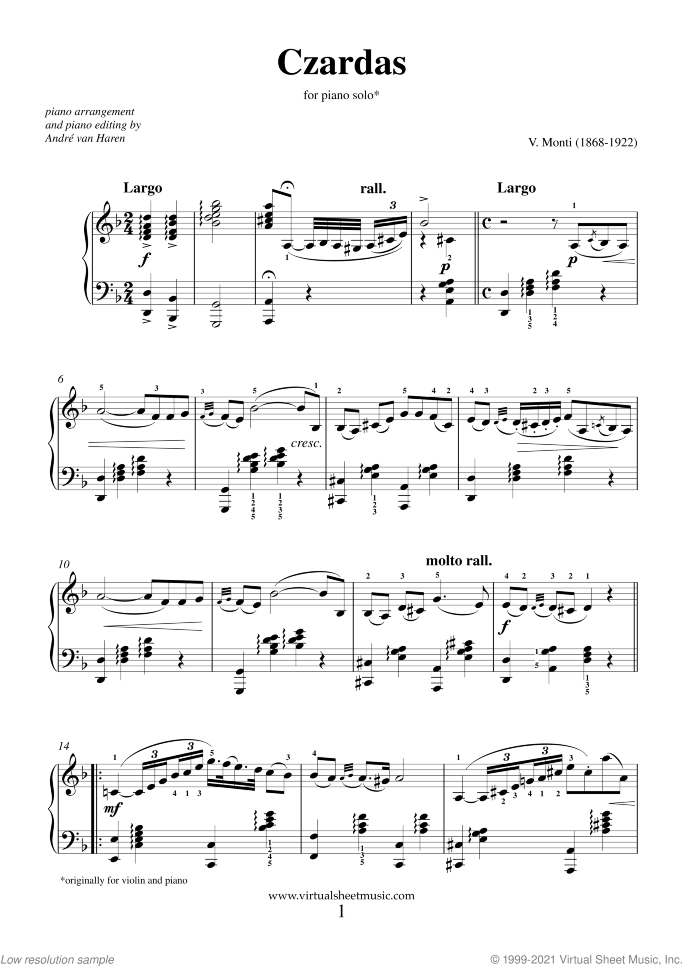 Czardas sheet music for piano solo by Vittorio Monti, classical score, intermediate/advanced skill level