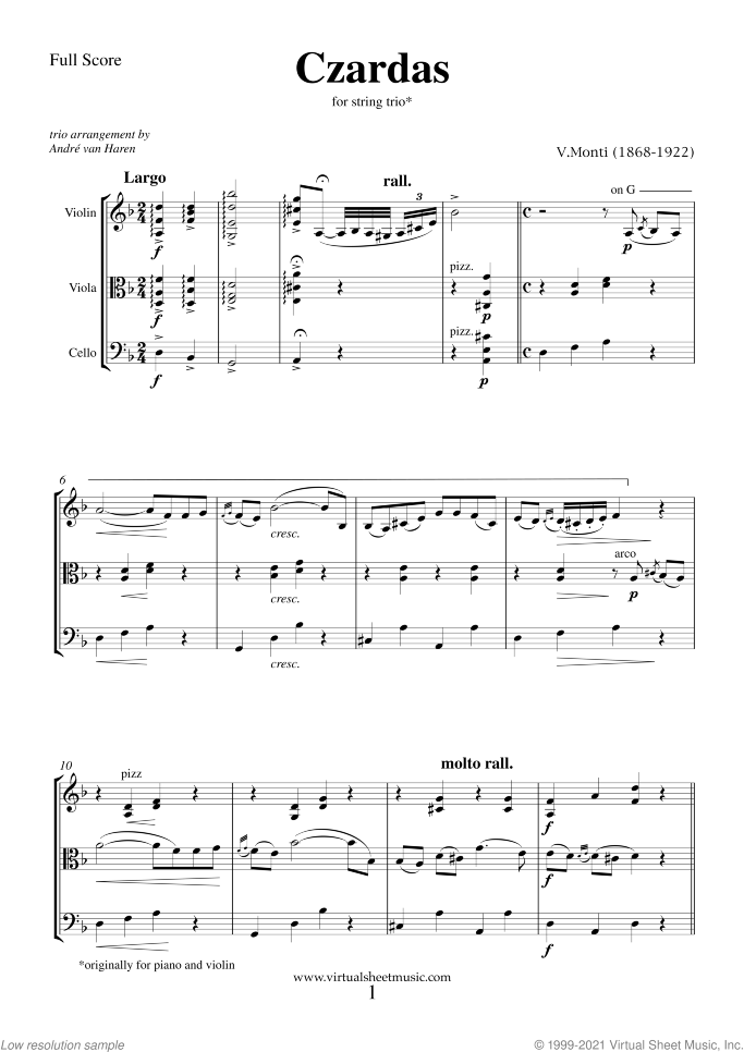 Czardas sheet music for string trio by Vittorio Monti, classical score, intermediate/advanced skill level