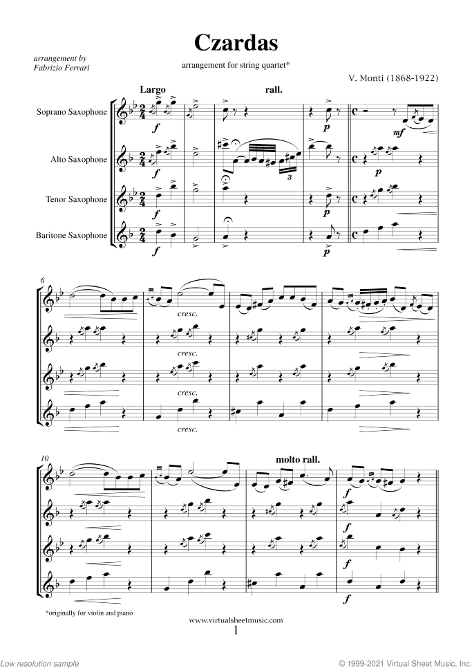 Czardas sheet music for saxophone quartet by Vittorio Monti, classical score, intermediate/advanced skill level