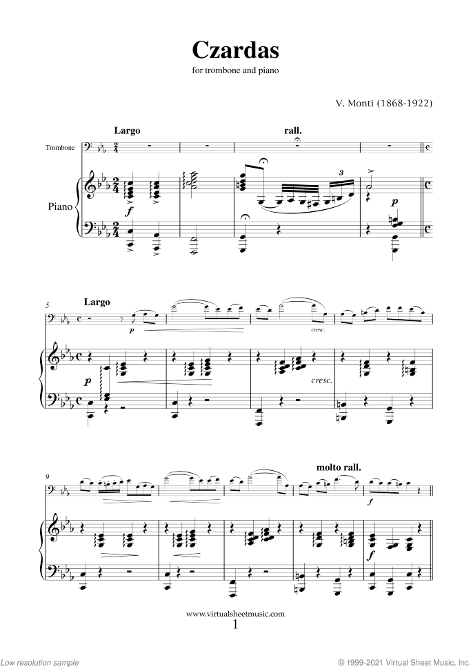 Czardas sheet music for trombone and piano by Vittorio Monti, classical score, intermediate/advanced skill level