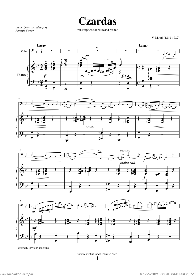 Czardas sheet music for cello and piano by Vittorio Monti, classical score, intermediate/advanced skill level