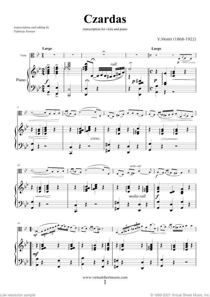 Czardas sheet music for viola and piano by Vittorio Monti, classical score, intermediate/advanced skill level