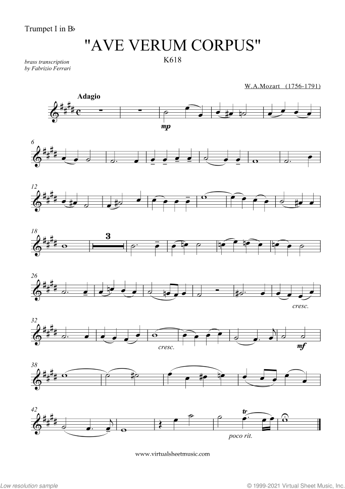 Ave Verum Corpus sheet music for brass quintet by Wolfgang Amadeus Mozart, classical score, easy skill level