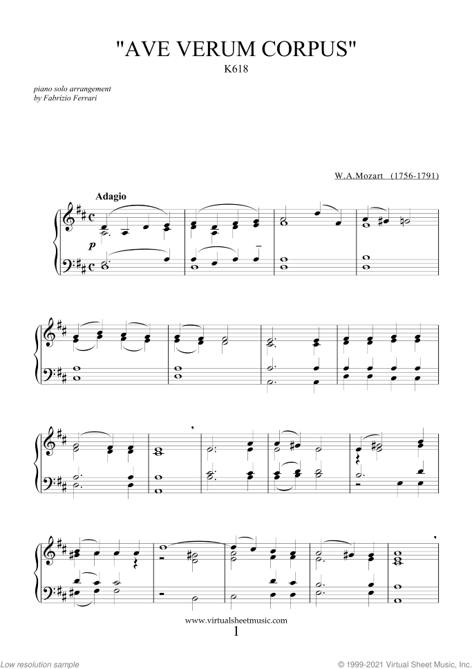 Ave Verum Corpus sheet music for piano solo by Wolfgang Amadeus Mozart, classical score, easy/intermediate skill level