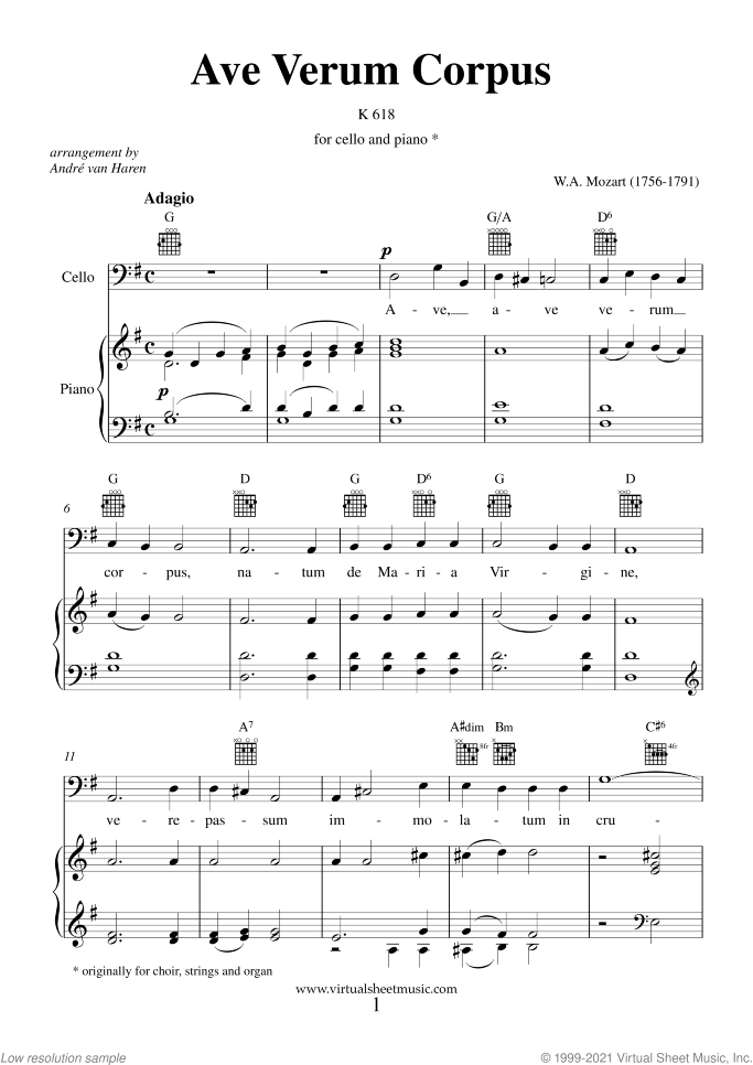 Ave Verum Corpus sheet music for cello and piano by Wolfgang Amadeus Mozart, classical score, easy/intermediate skill level