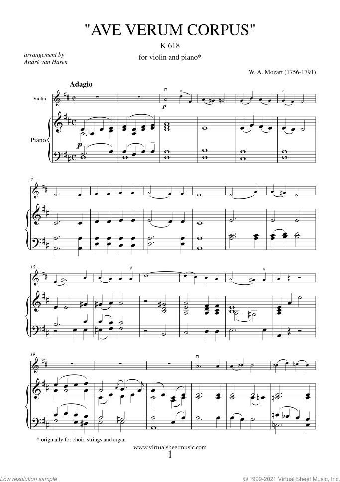 Ave Verum Corpus sheet music for violin and piano by Wolfgang Amadeus Mozart, classical score, easy/intermediate skill level