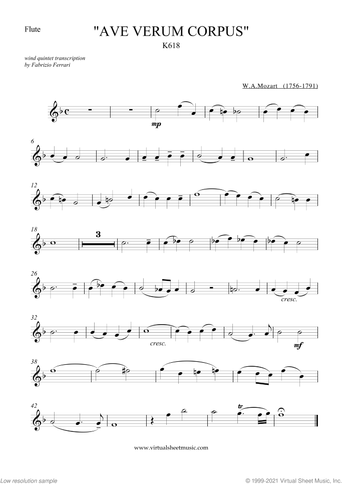 Ave Verum Corpus sheet music for wind quintet by Wolfgang Amadeus Mozart, classical score, easy skill level