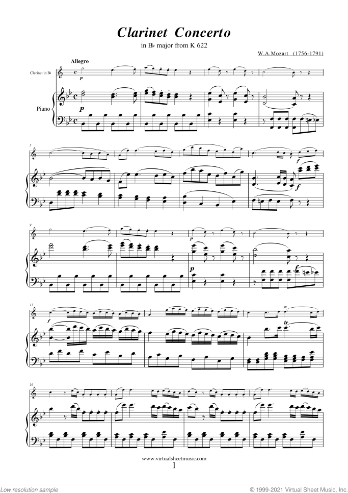 Concerto in A major K622 (in Bb) sheet music for clarinet and piano by Wolfgang Amadeus Mozart, classical score, intermediate skill level