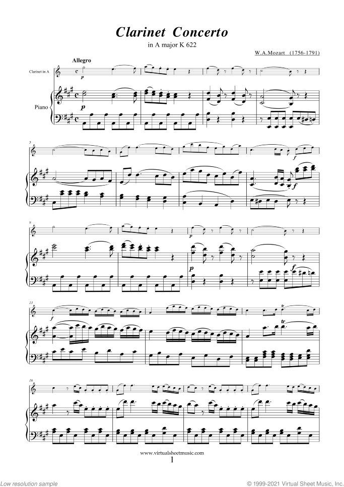 Concerto in A major K622 sheet music for clarinet and piano by Wolfgang Amadeus Mozart, classical score, intermediate skill level