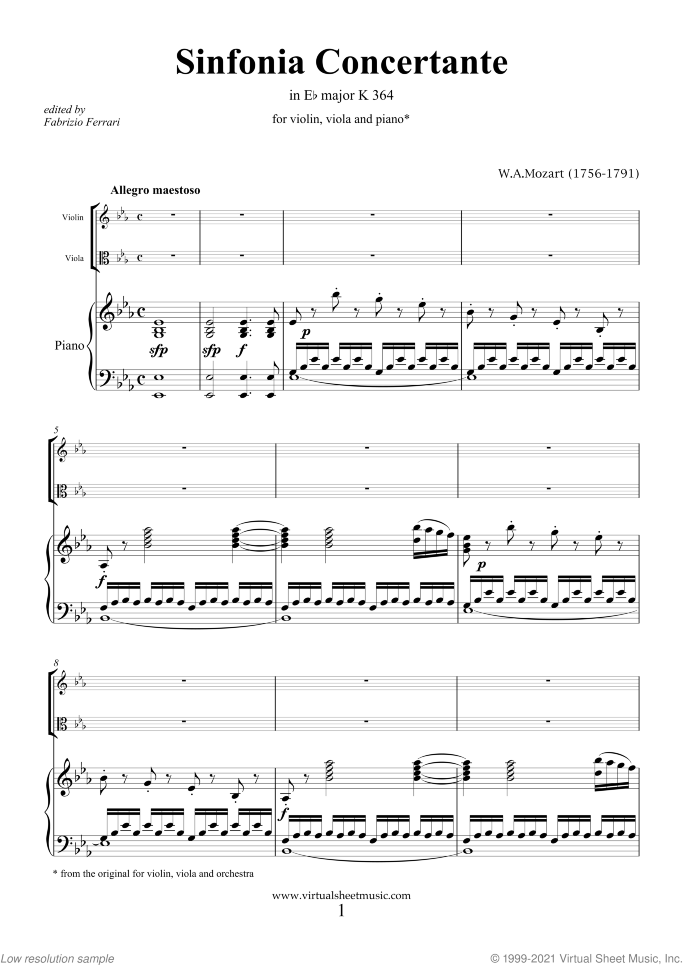 Sinfonia Concertante in Eb major K364 sheet music for violin, viola and piano by Wolfgang Amadeus Mozart, classical score, advanced skill level