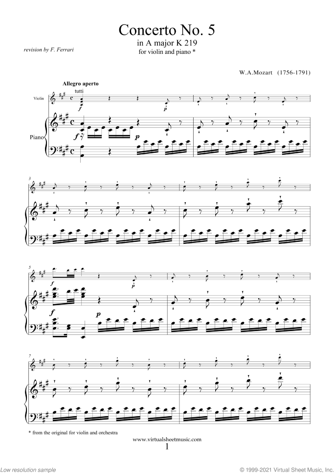 Concerto No. 5 in A major K219 sheet music for violin and piano by Wolfgang Amadeus Mozart, classical score, intermediate/advanced skill level