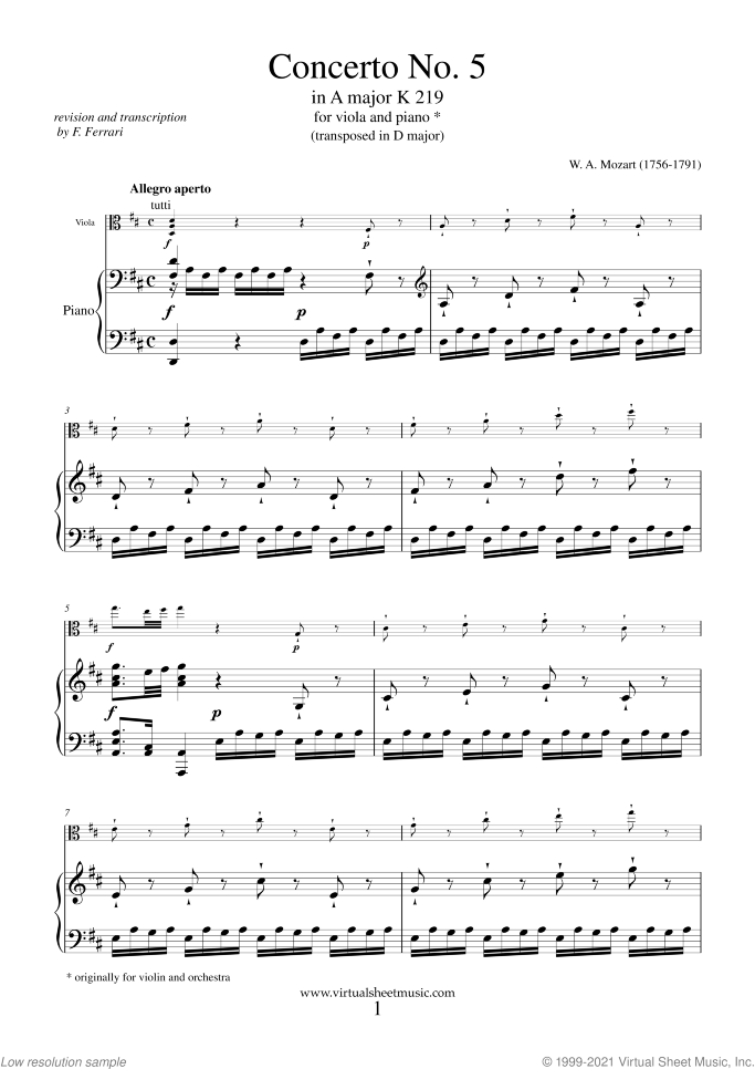 Concerto No. 5 in A major K219 sheet music for viola and piano by Wolfgang Amadeus Mozart, classical score, intermediate/advanced skill level