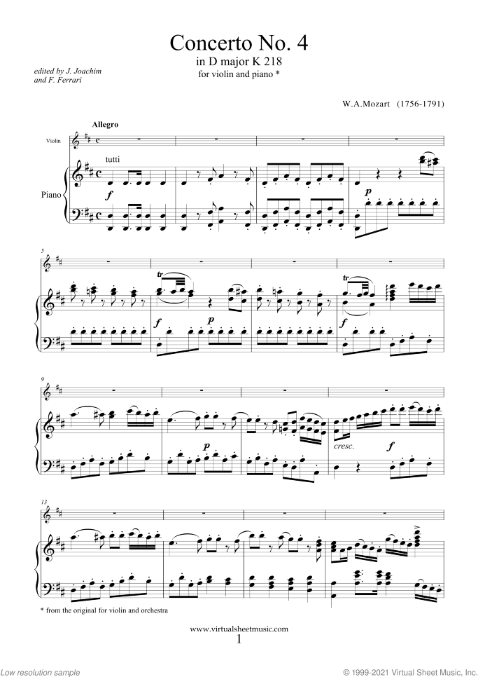 Concerto No. 4 in D major K218 sheet music for violin and piano by Wolfgang Amadeus Mozart, classical score, intermediate/advanced skill level