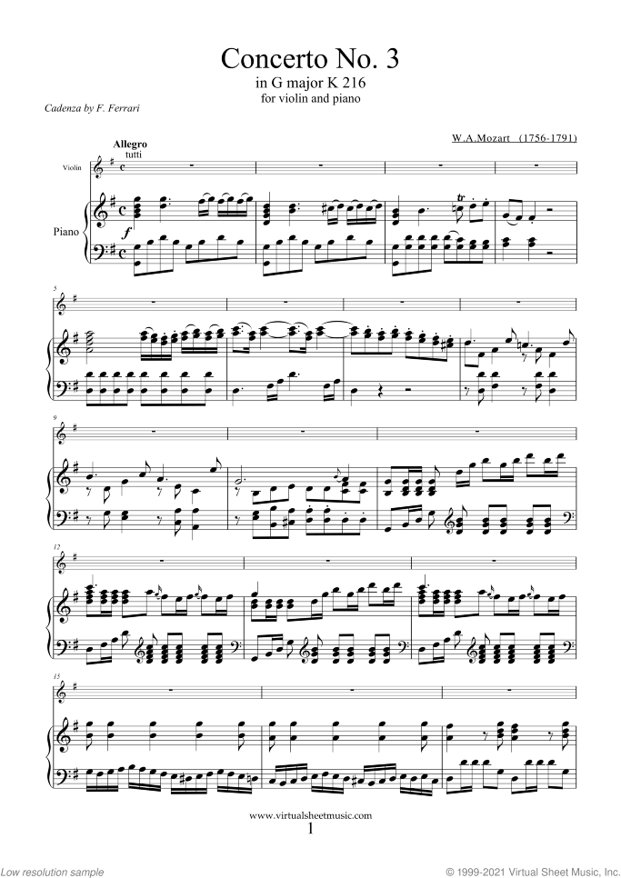 Concerto No. 3 in G major K216 sheet music for violin and piano by Wolfgang Amadeus Mozart, classical score, intermediate skill level