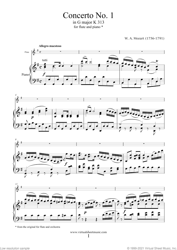 Concerto No.1 in G major K313 (NEW EDITION) sheet music for flute and piano by Wolfgang Amadeus Mozart, classical score, intermediate skill level