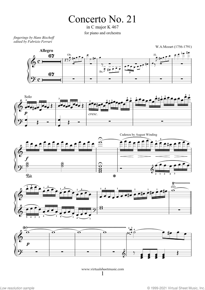 Concerto in C major No.21 K467 sheet music for piano and orchestra by Wolfgang Amadeus Mozart, classical score, intermediate skill level