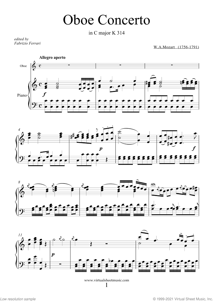 Concerto in C major K314 sheet music for oboe and piano by Wolfgang Amadeus Mozart, classical score, intermediate/advanced skill level