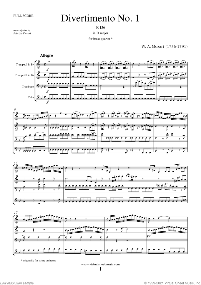 Divertimento No.1 K136 (f.score) sheet music for brass quartet by Wolfgang Amadeus Mozart, classical score, intermediate/advanced skill level