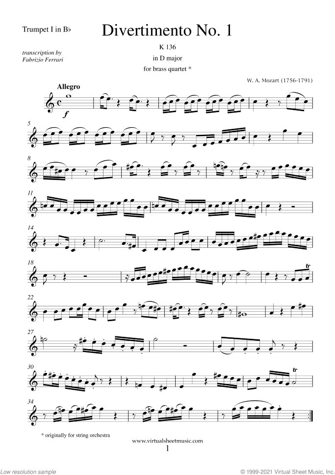Divertimento No.1 K136 (parts) sheet music for brass quartet by Wolfgang Amadeus Mozart, classical score, intermediate/advanced skill level