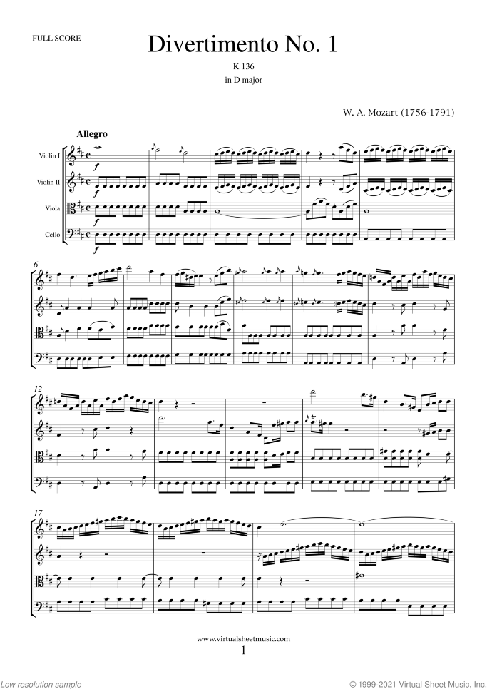 Divertimento No.1 K136 (COMPLETE) sheet music for string quartet or string orchestra by Wolfgang Amadeus Mozart, classical score, intermediate skill level